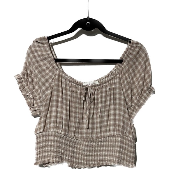 Pink‎ Rose tan white checked shirt size L - Picture 1 of 4